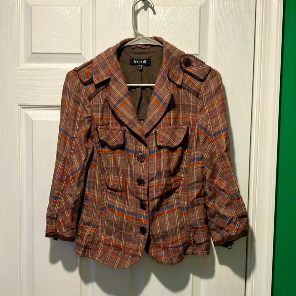 Le Full vintage Plaid Button-Front Jacket Rust Plaid with leather detail boho 10